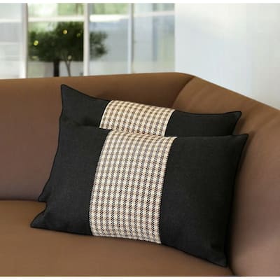 Set of Two 12" X 20" Black Brown and White Houndstooth Fabric Lumbar Throw Pillows