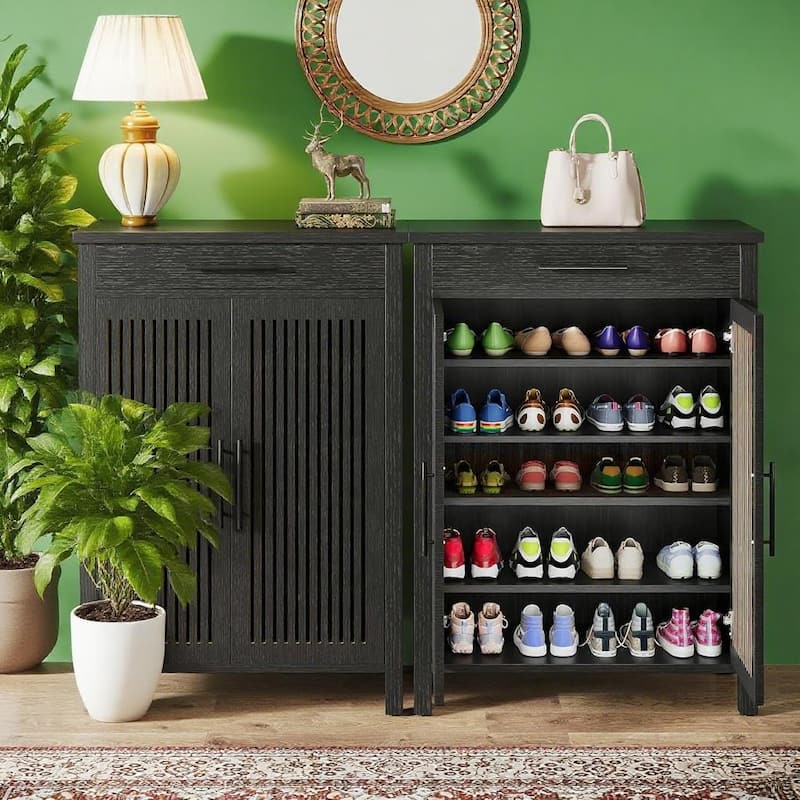 Modern Shoe Storage Cabinet with 5 Removable Shelves and Large Drawer for Entryway Use - 31.5”L x 14.17”W x 42.91”H