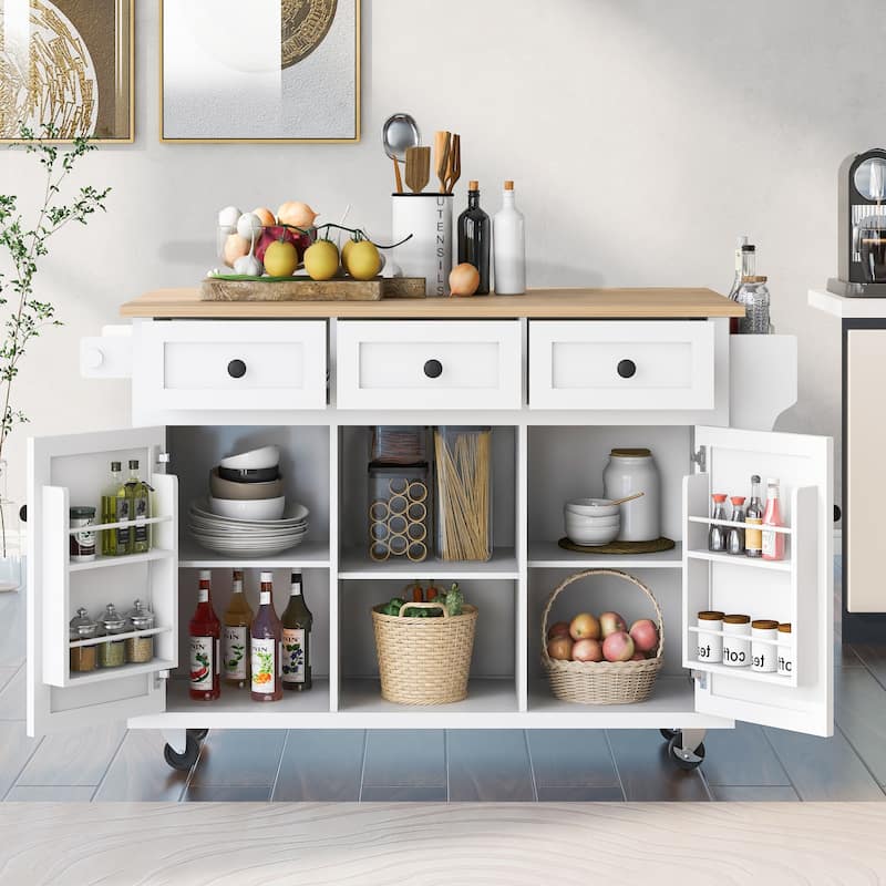 Kitchen Cart with Rubber wood Drop-Leaf Countertop