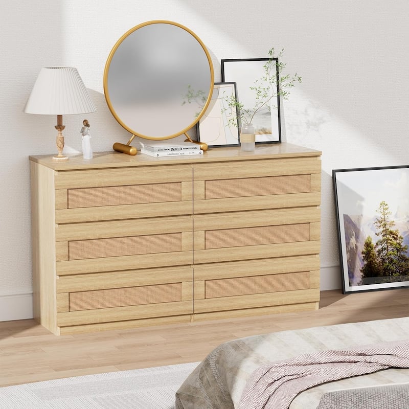 Rattan Dresser for Bedroom, 6 Drawer Double Dresser, Modern Wood Chest of Drawers