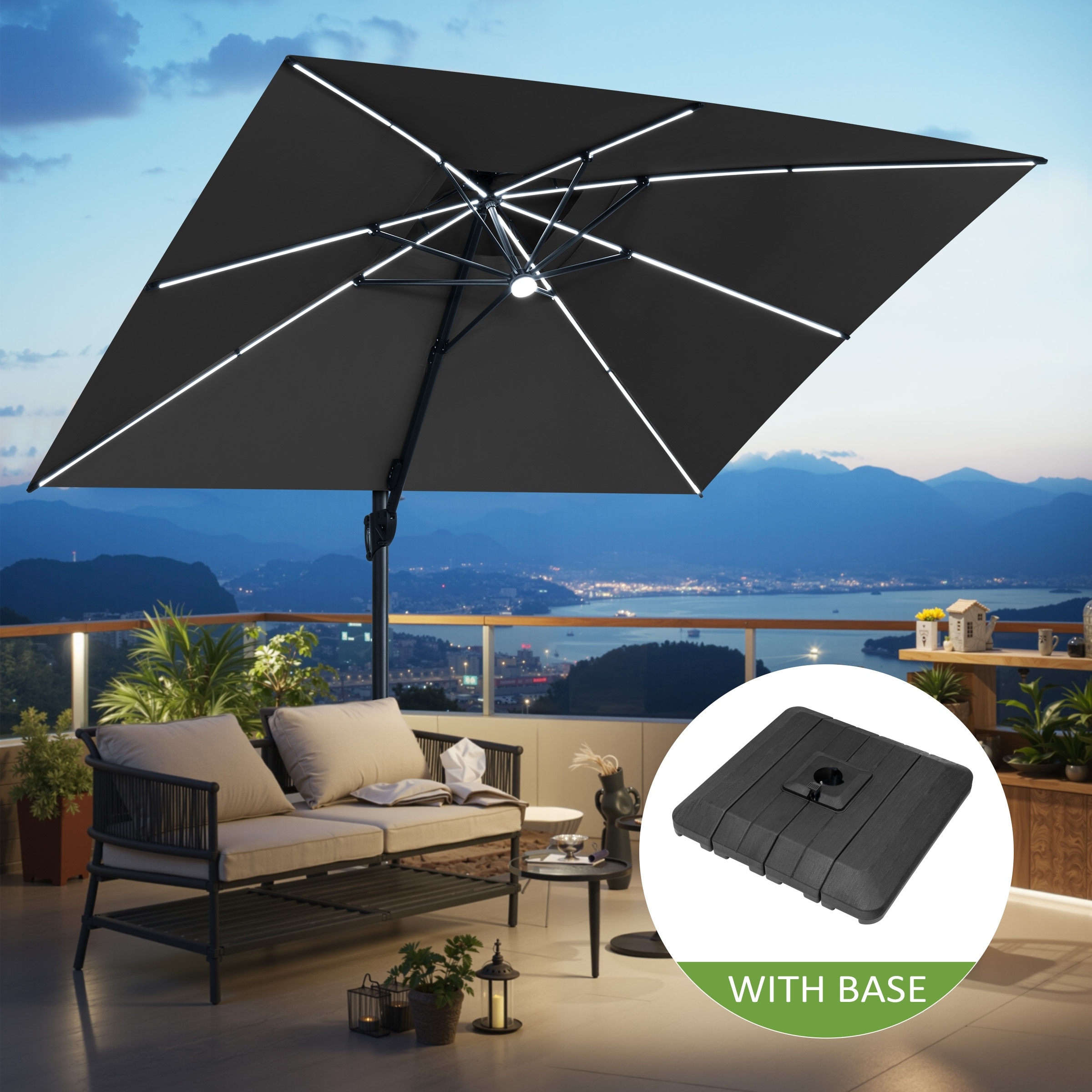 10 X 13 FT Outdoor Patio Cantilever Umbrella with Solar Lights 4-Piece Premium Base Double Canopy 360 Rotation Tilt