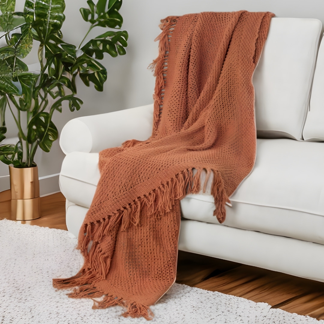 HomeRoots Orange Woven 100% Cotton Throw Blanket
