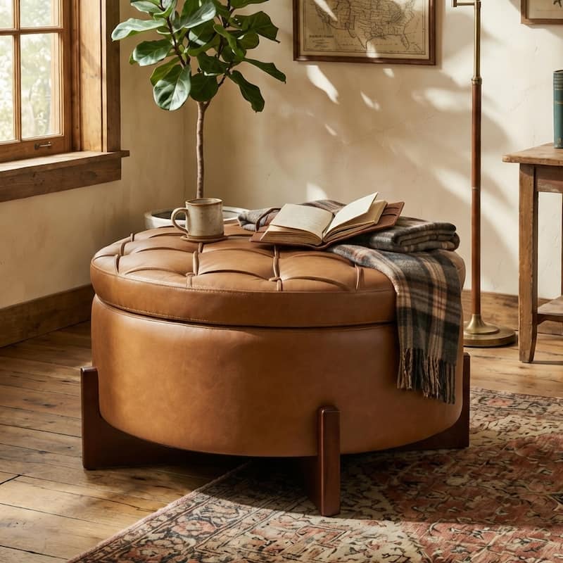 Christopher Knight Home - Mollet Mid-Century 32.28" Upholstered Tufted Round Hidden Storage Ottoman with Reversible Wood Lid - Light Brown+PU