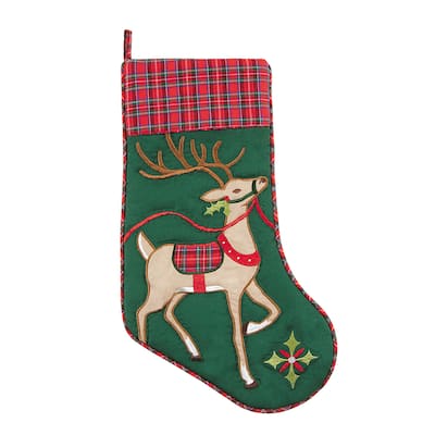 20" Reindeer Wonderland Quilted with Plaid Cuff Hanging Large Christmas Stocking