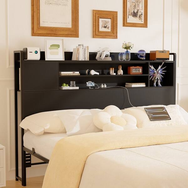 Storage Headboards with Drawers, Head board with Power Outlet and LED Light for Bed Frame