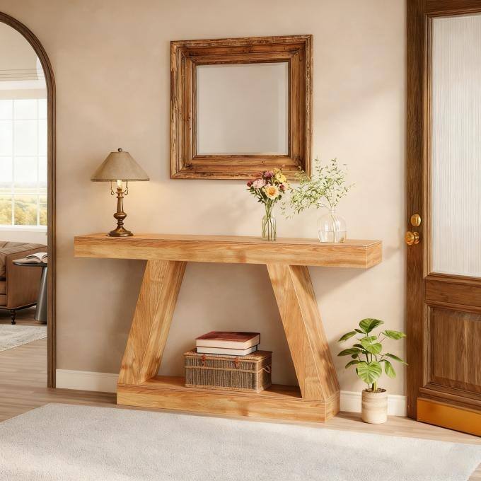 55-Inch Farmhouse Console Table, Rustic Sofa Table with Storage, Industrial Wooden Entryway Table for Hallway, Living Room - Natural Brown