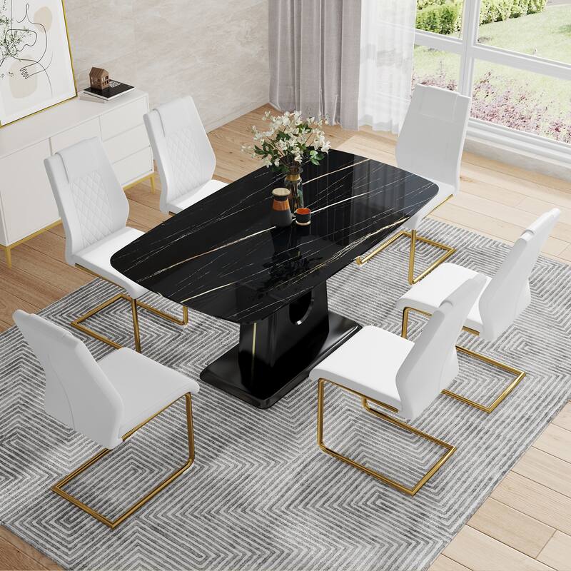 7 Piece Luxury Dining Table and Chair Set, 63" Rectangular Kitchen Table with 8 Chairs, Long Dining Room Table for Living Room