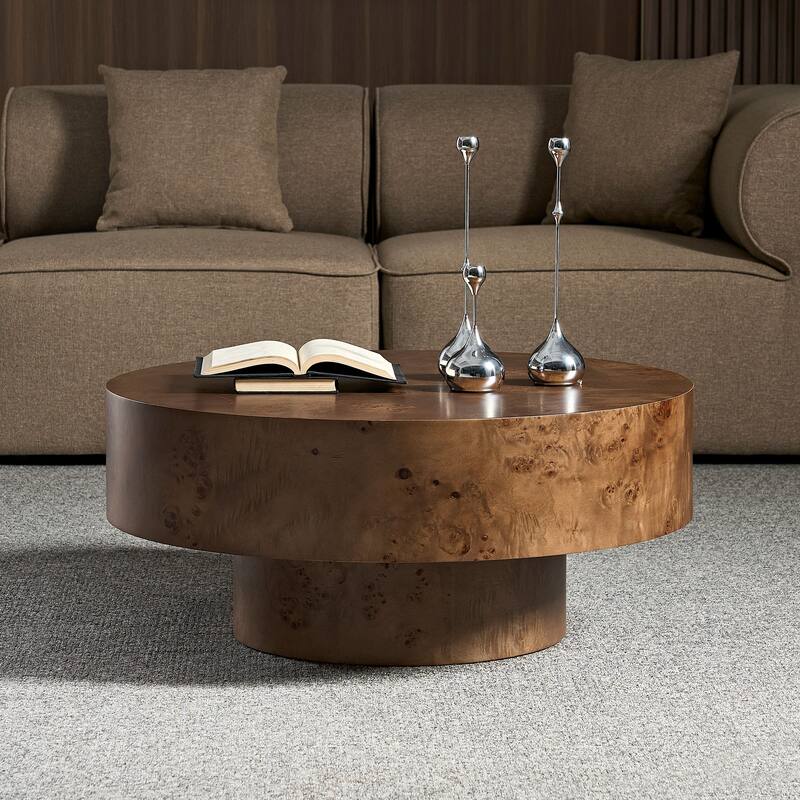 31.49" Burl Wood Veneer Coffee table and Sturdy Pedestal for Living Room Office Apartment Walnut