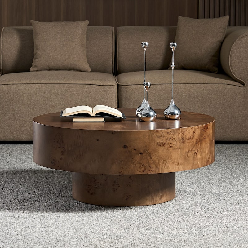 31.49" Round Coffee Table with Burl Wood Veneer, Sturdy Pedestal for Living Room, Modern Low Center Table Accent Cocktail Table