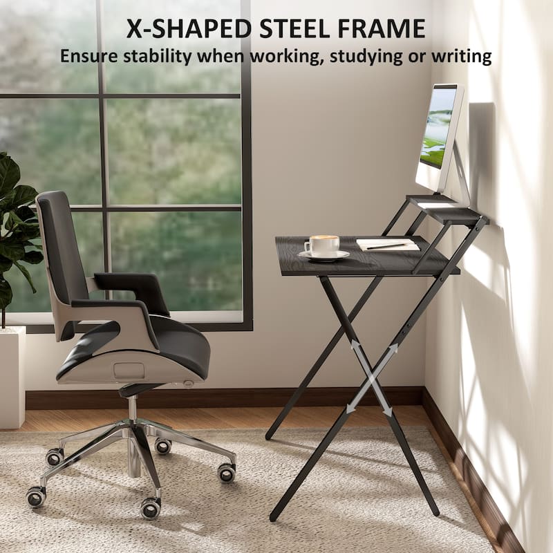 Folding Desk with Monitor Shelf Compact Space Saving Workstation Sturdy Steel Frame Easy Assembly
