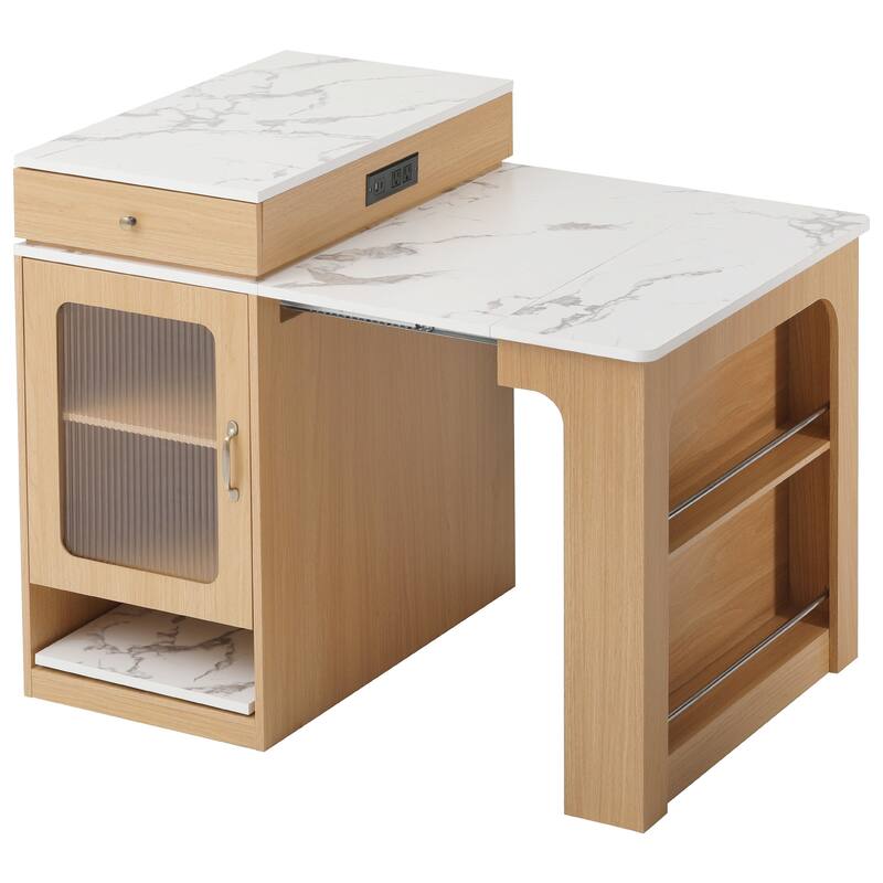 Kitchen Island with Extendable Dining Table, Kitchen Storage Table with 2 Drawers, Power Outlet, Open Shelves, for Diningroom