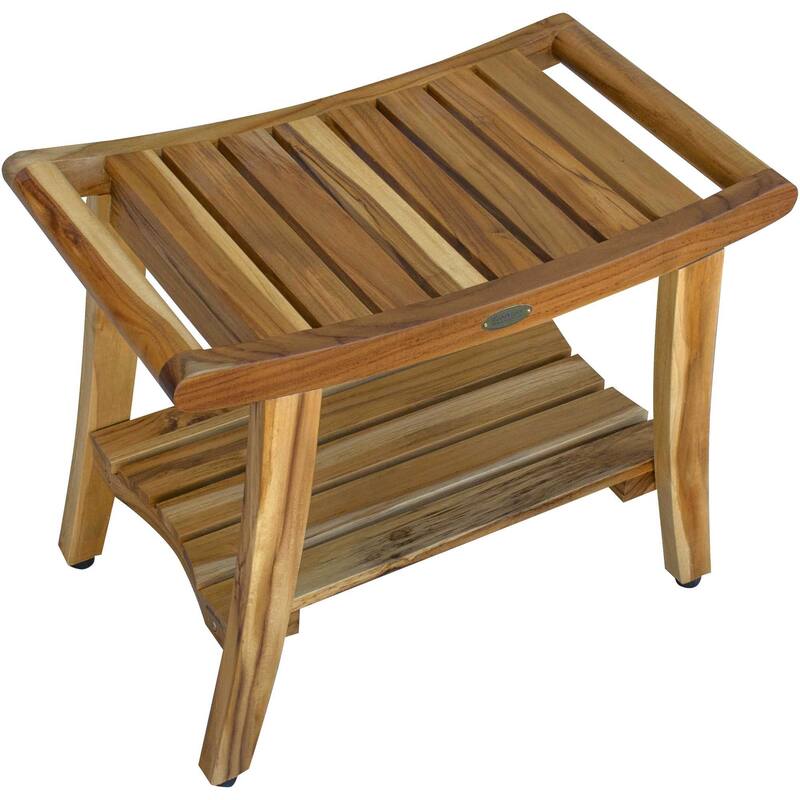 Compact Curvilinear Teak Shower / Outdoor Bench with Shelf in Natural Finish