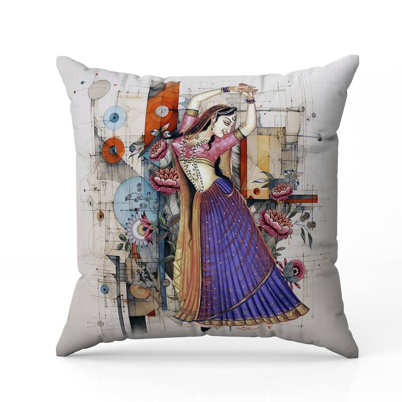 Gracefully Dancing Woman Indoor/Outdoor Reversible Throw Pillow Orange and Blue