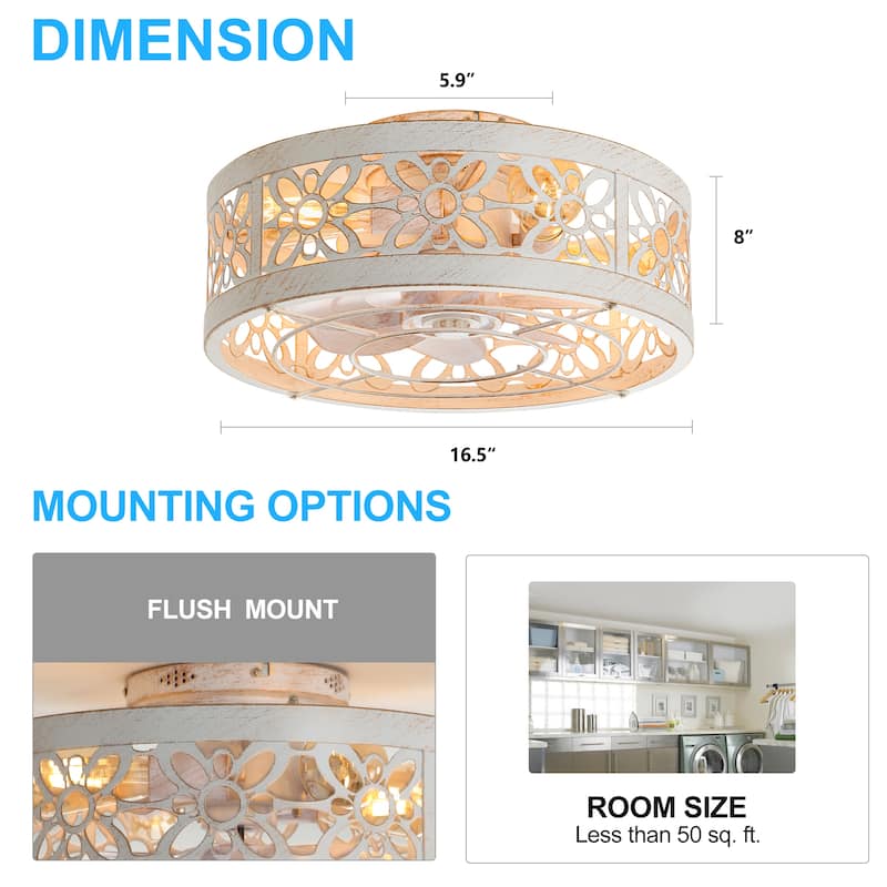 16.5in Vintage Distressed White Flush Mount Caged Ceiling Fan with Remote Light(7-Blade)