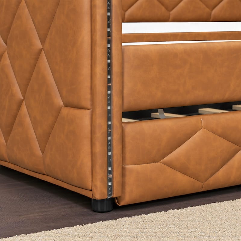 Full XL Upholstered Daybed with Trundle and LED Armrests, PU Leather Sofa Bed with Pull-Out Guest Bed