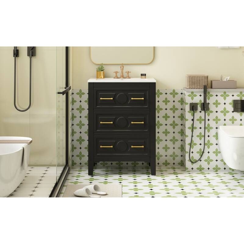 Roomfitters 24 Inch Bathroom Vanity with Ceramic Sink Combo, Free Standing Solid Wood Frame Cabinet with 3 Sliding Tiers
