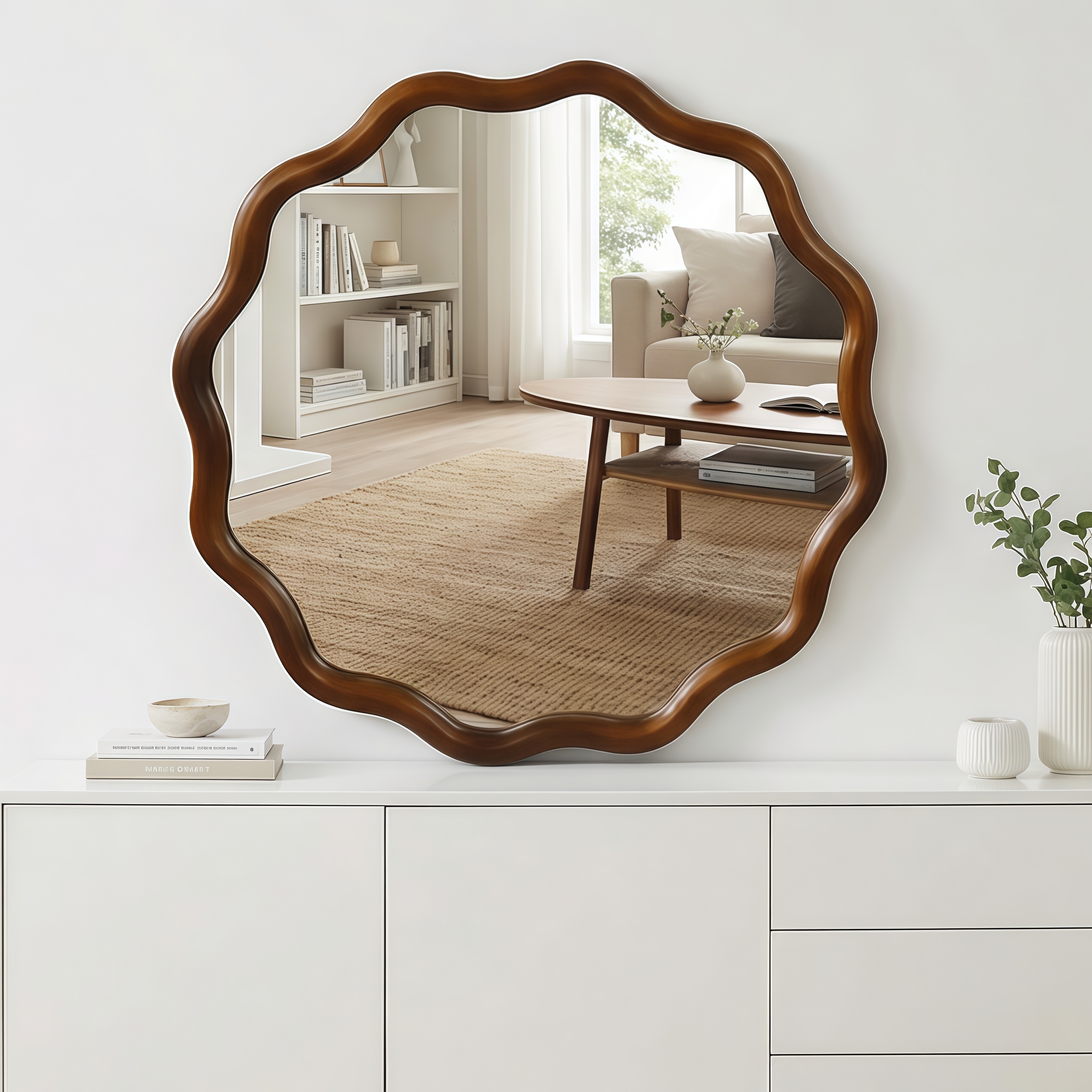 Black Walnut Color 30 inch Wavy Round Solid Wood Frame Decorative Mirror,For Bedroom, Bathroom, Living Room, Entryway