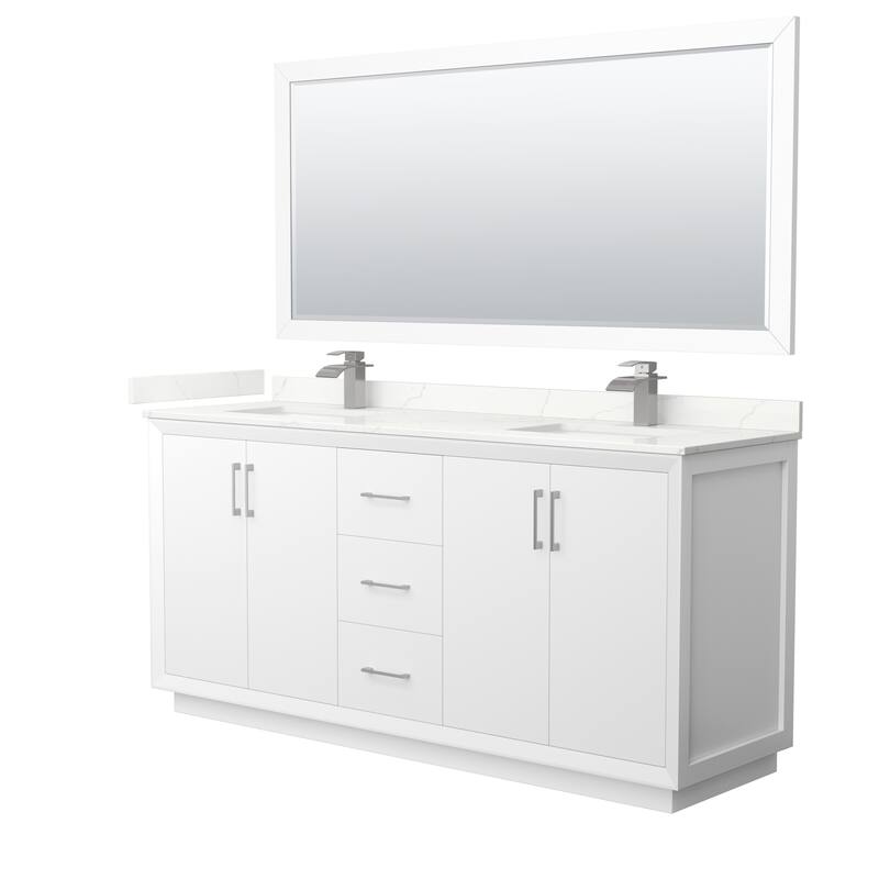 Strada 72-inch Double Vanity, Quartz Top, 70-inch Mirror - White, Nickel Trim, Giotto Quartz Top