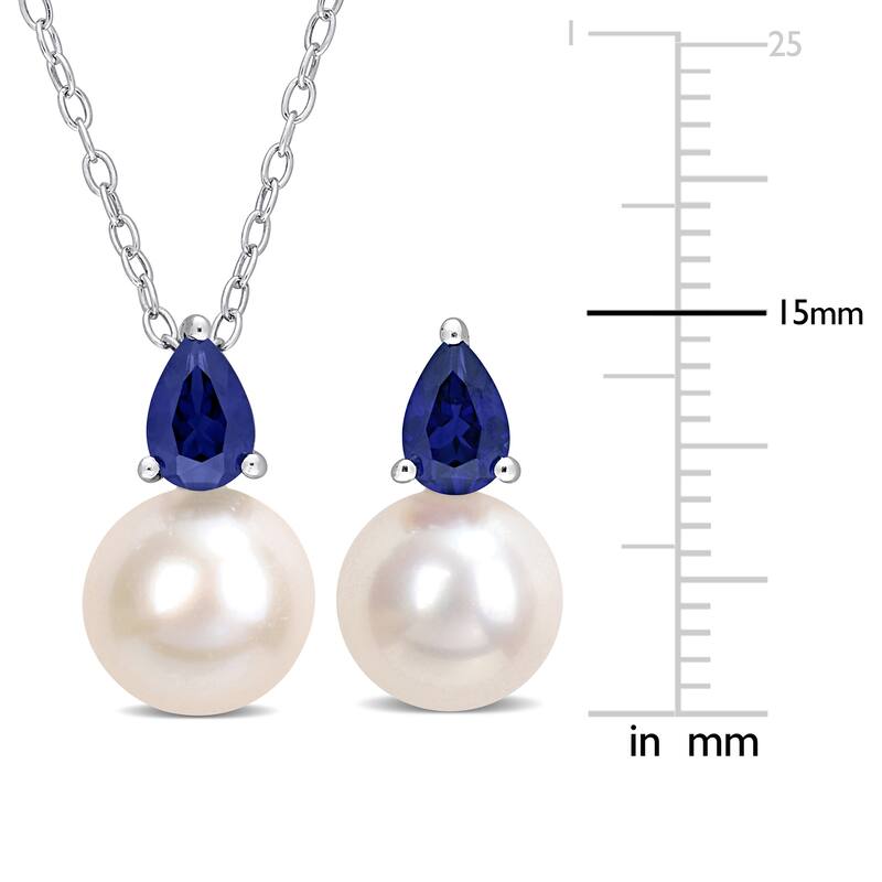 Miadora Cultured Freshwater Pearl 2ct TGW Created Blue Sapphire Jewelry Set Sterling Silver