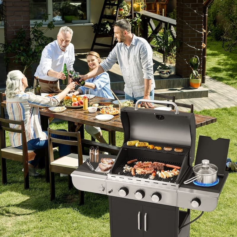 EROMMY Outdoor 3+1 Burner BBQ Propane Gas Grill - 24000 BTUs Stainless Steel Patio Barbecue Grill with Stove and Side Table - Silver