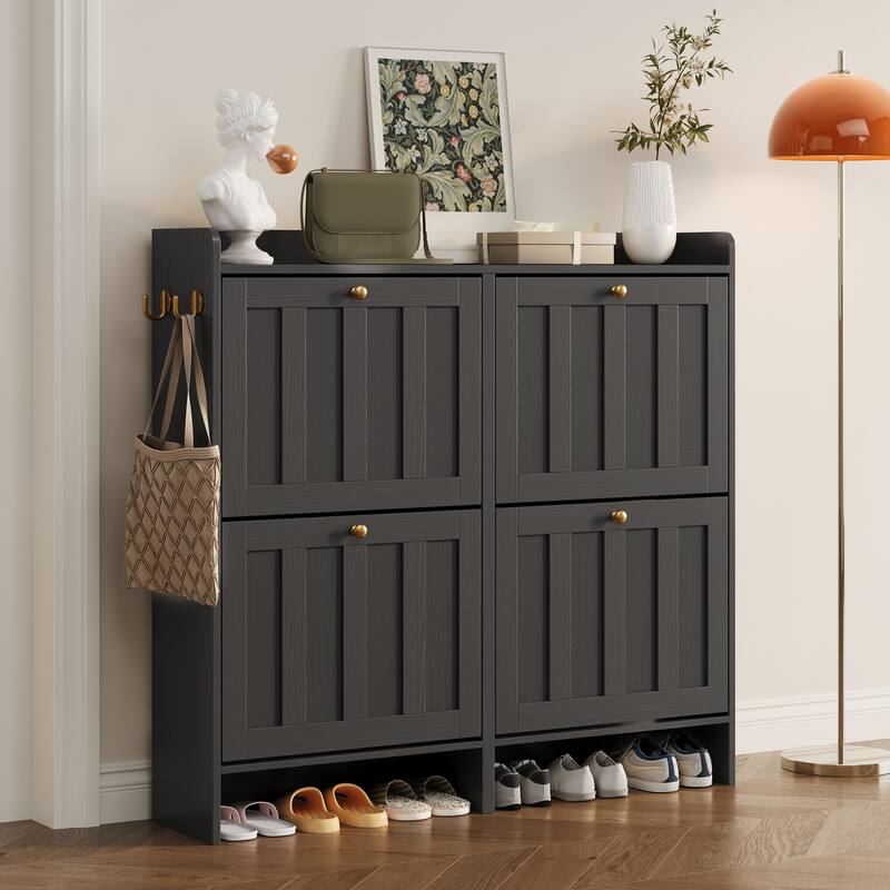 Shoe Cabinet with Flip Drawers, Slim Shoe Storage Cabinet for Entryway, Freestanding Narrow Rack with Open Storage