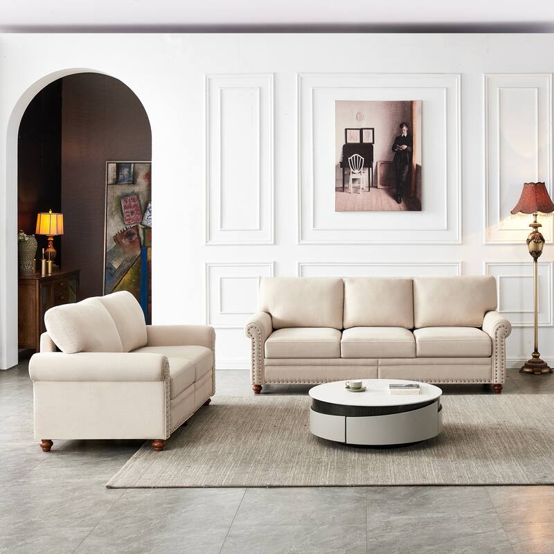 Fabric Upholstered Loveseat Sofa & 3 Seater Couch Set with Storage - Beige