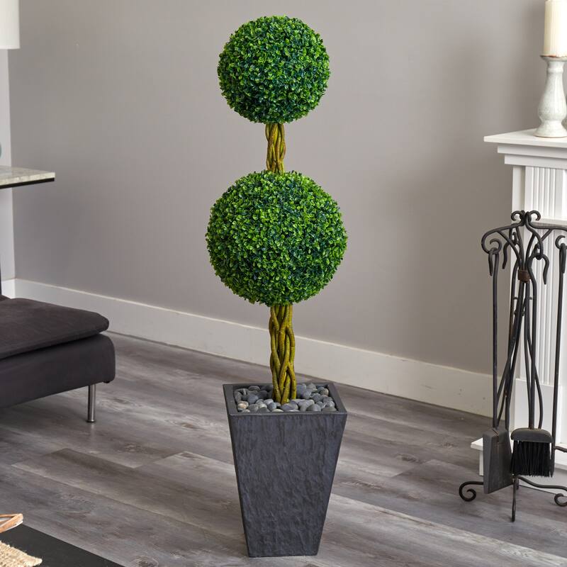 5ft Double Ball Boxwood Topiary Artificial Tree in Slate Planter with UV Resistant Greenery for Indoor or Outdoor Use