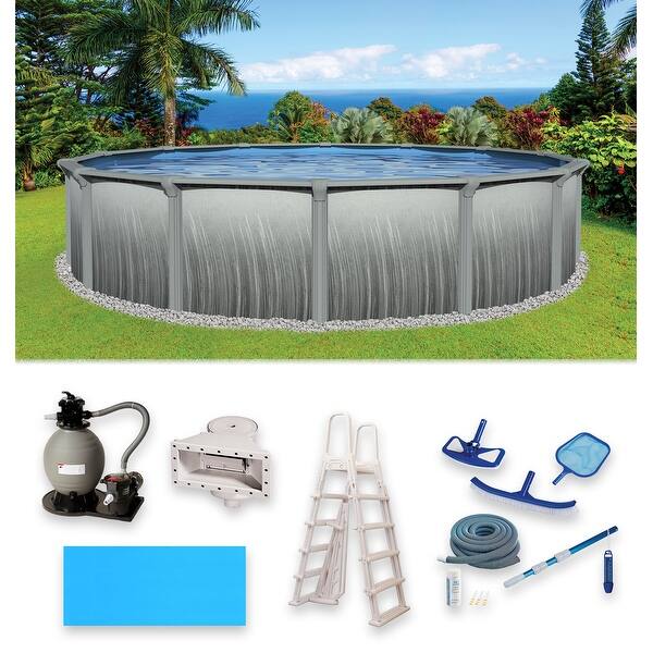 slide 1 of 8, Martinique Round 52-in Deep 7-in Top Rail Metal Wall Swimming Pool Package