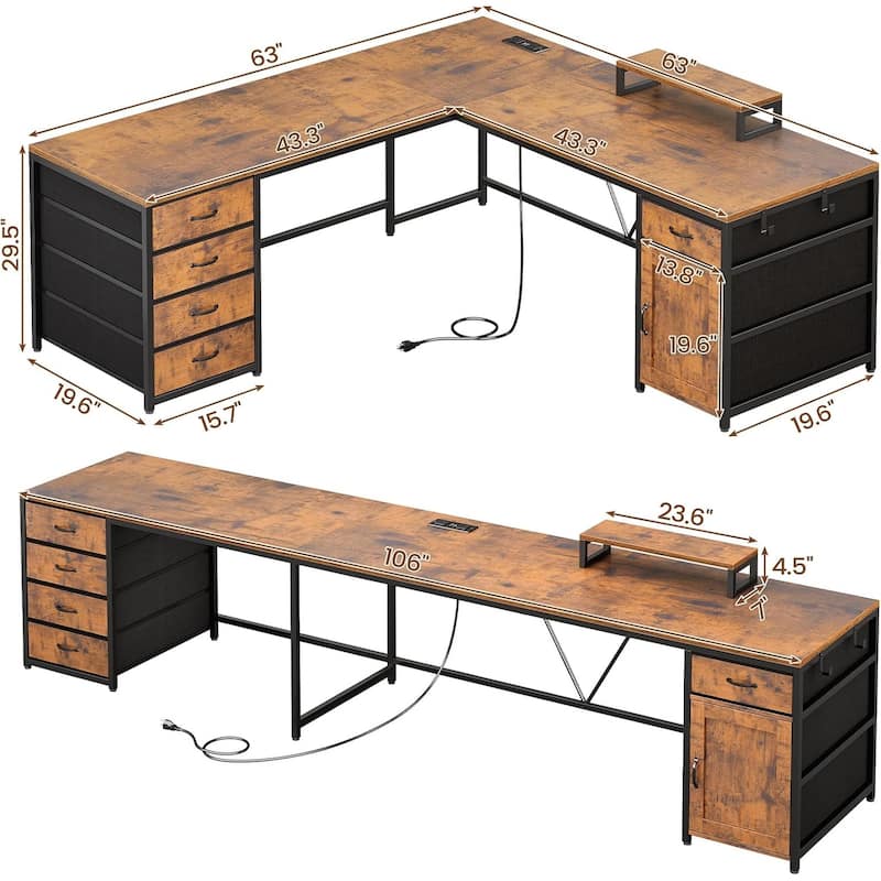 L Shaped Computer Desk 5 fabric Drawers Gaming Desk Storage Shelf