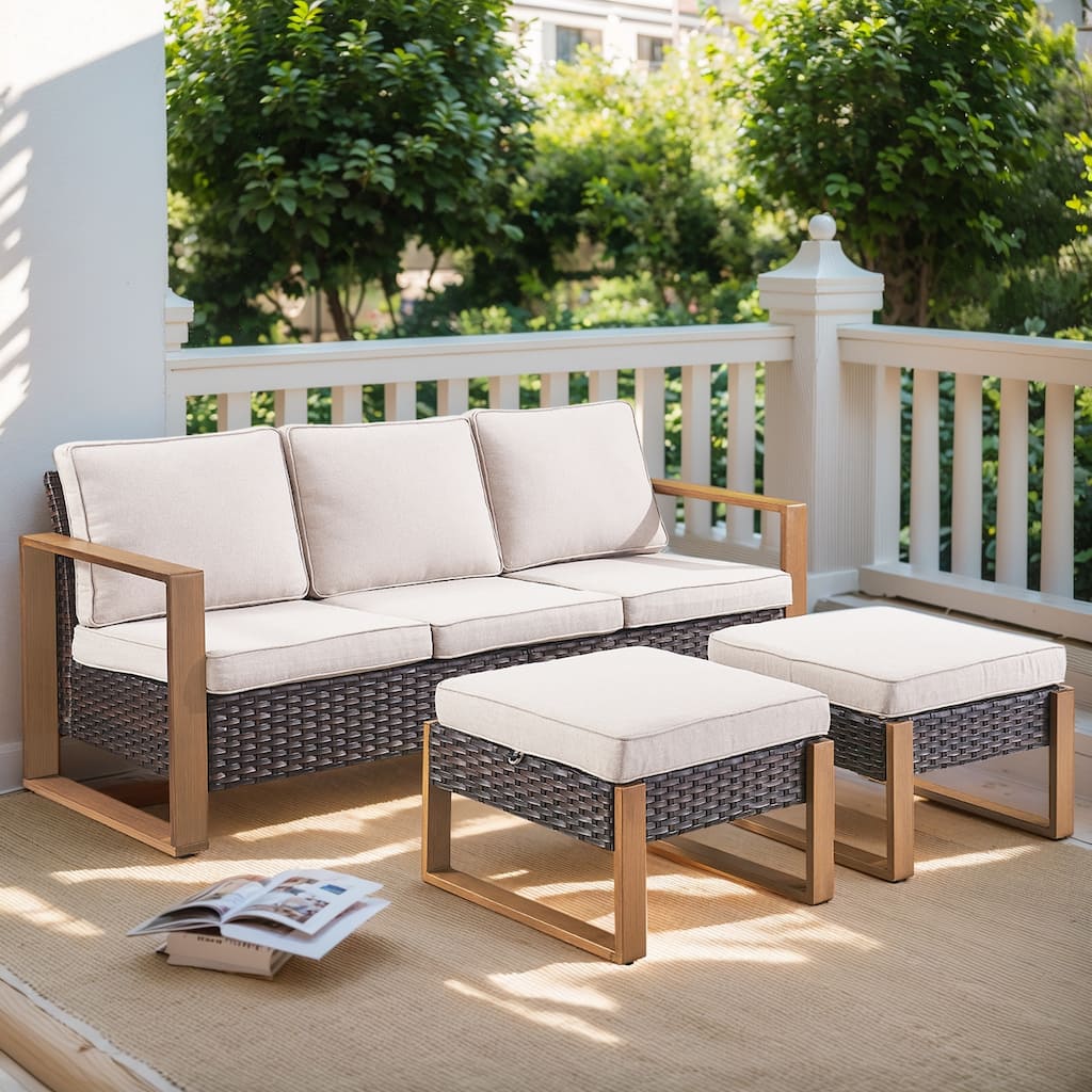 Gymojoy Patio PE Wicker 3-Seat Sofa with Ottomans - Brown