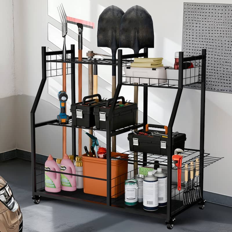 Freestanding Metal Tools Storage Cart Power Tool Organizer Shelf for Garage Workshop Yard with Wheels
