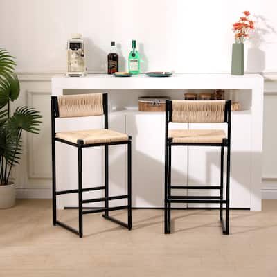 Dining Chairs with Back Hand Weave Stools for Kichen Island Set of 2