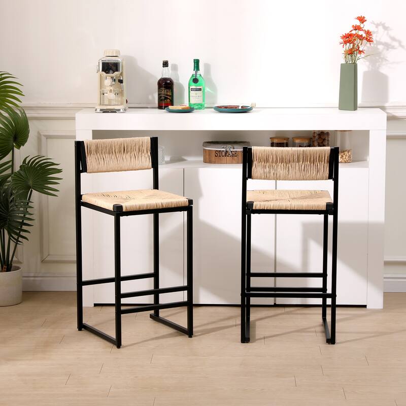 Paper Rope Woven Bar Stools Set of 2 Hand Weave Counter Stool with footrest for Kitchen Island, Dining Room - Honey+Black