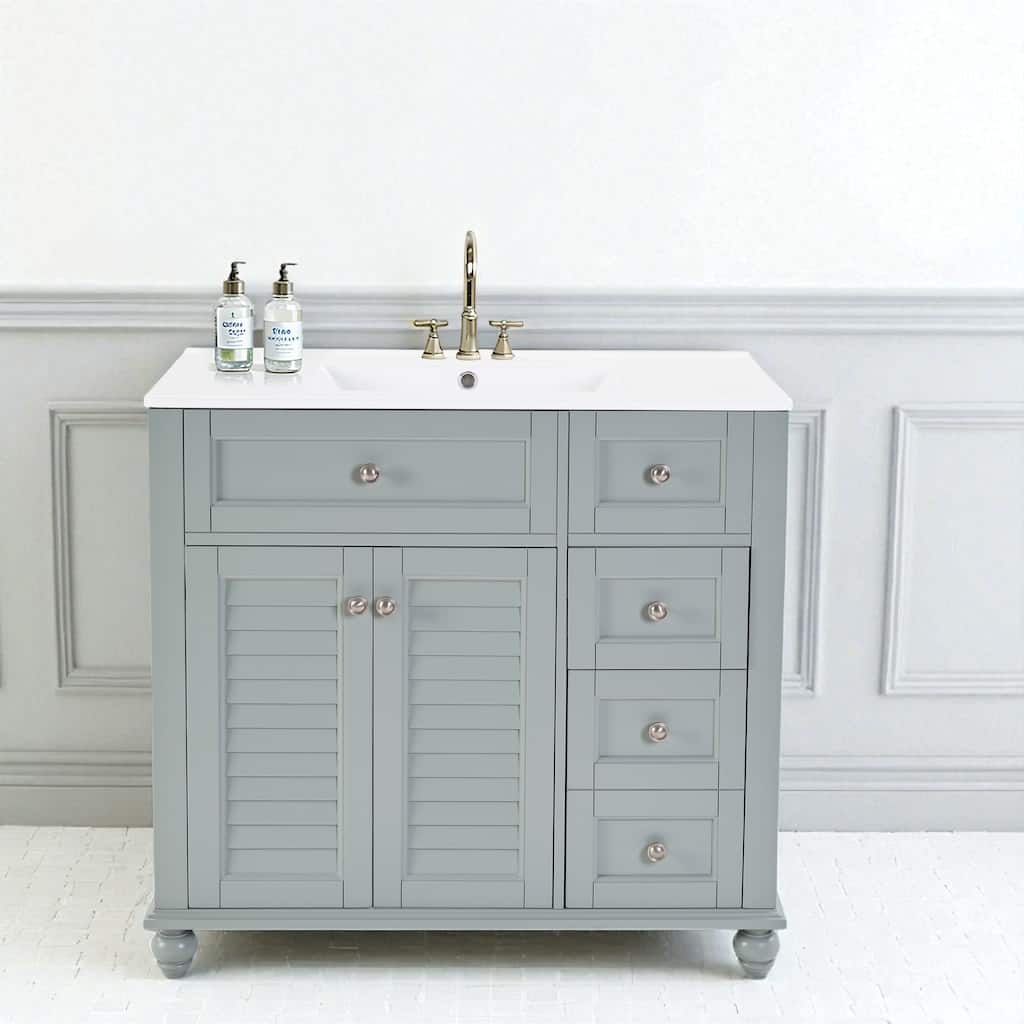 36" Bathroom Vanity with Ceramic Sink Solid Wood Frame Soft Close Drawers and Adjustable Storage Shelves