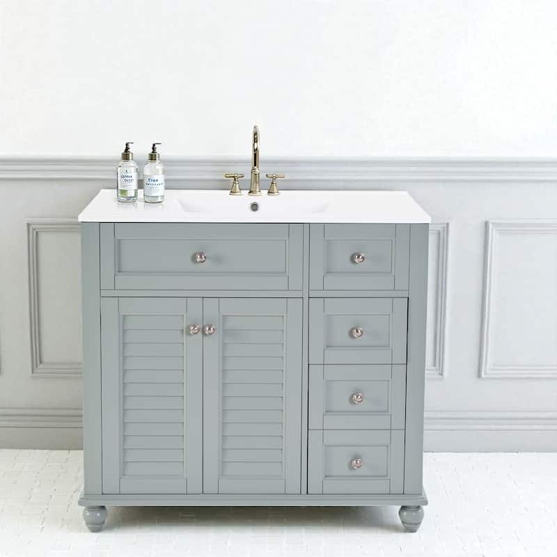 36" Bathroom Vanity with Ceramic Sink Solid Wood Frame Soft Close Drawers and Adjustable Storage Shelves - Blue Grey