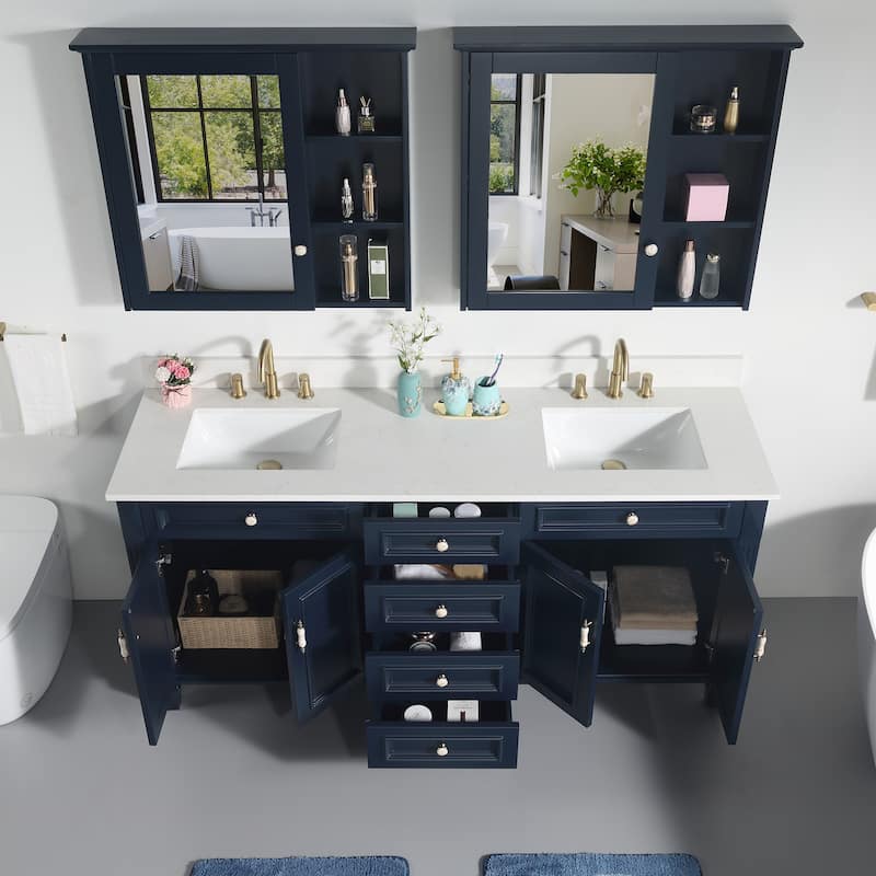 35'' H Solid Wood Bath Vanity with Stain-resistant Carrera White Quartz Top and Double Sink