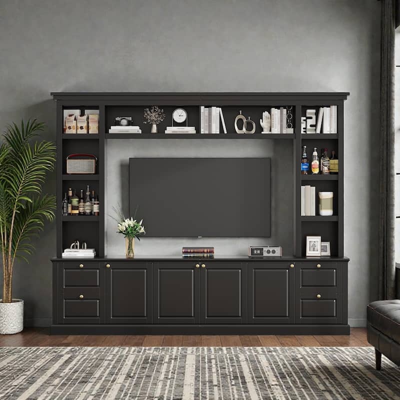 All-in-One Modern TV Stand with Bookcase for TVs up to 70 Inch, Large Entertainment Center with Adjustable Shelves - Black