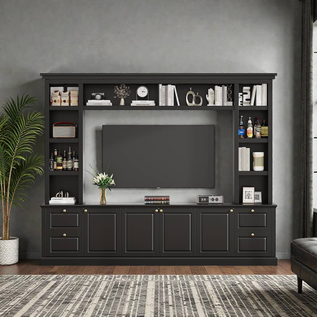 All-in-One Modern TV Stand with Bookcase for TVs up to 70 Inch, Large Entertainment Center with Adjustable Shelves