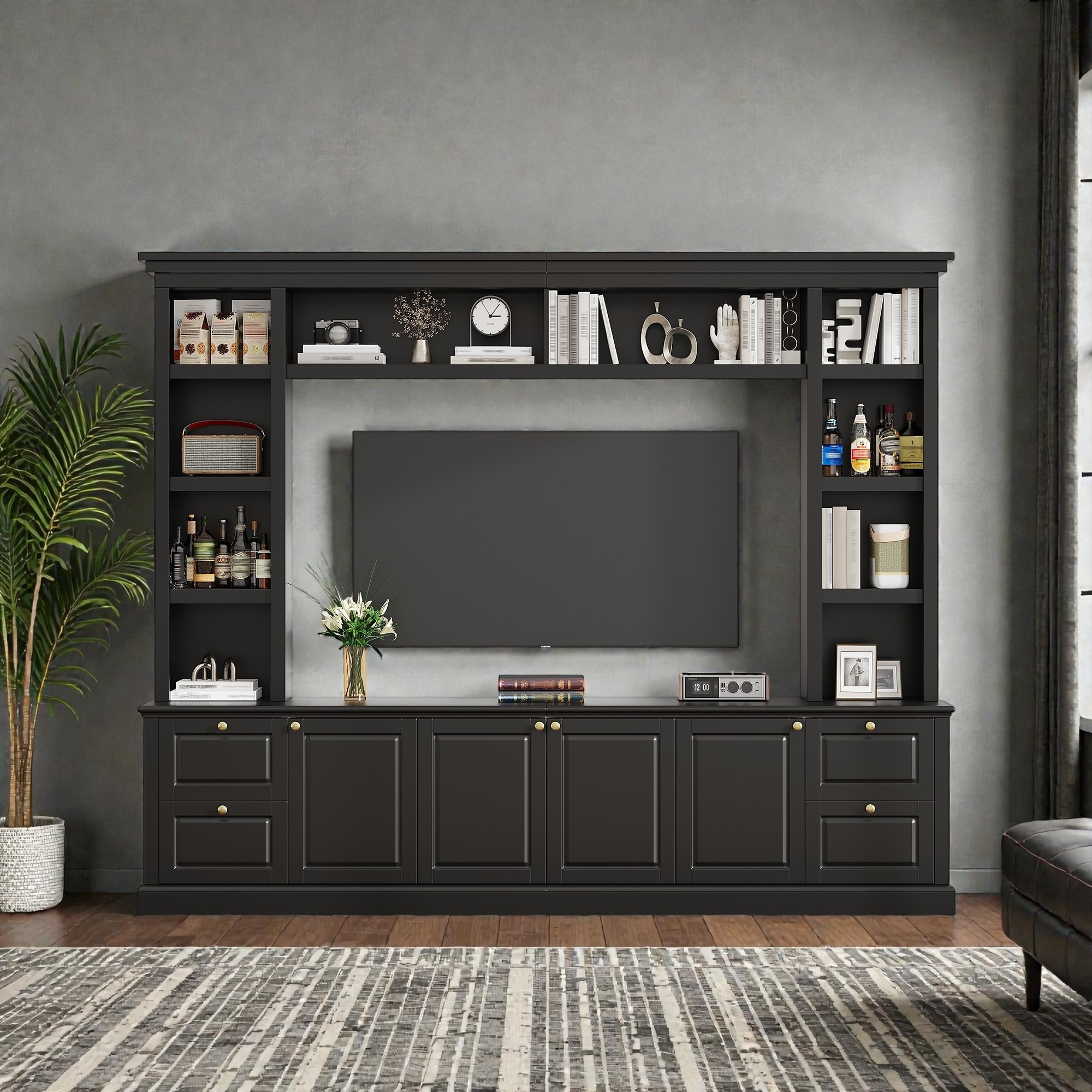 All-in-One Modern TV Stand with Bookcase for TVs up to 70 Inch, Large Entertainment Center with Adjustable Shelves