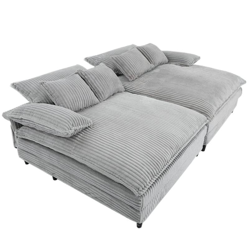 Oversized Double Lounge Chaise Reclining Sleeper Sectional Sofa Bed Corduroy Deep Seat Couch with 4-Gear Adjustable Backrest