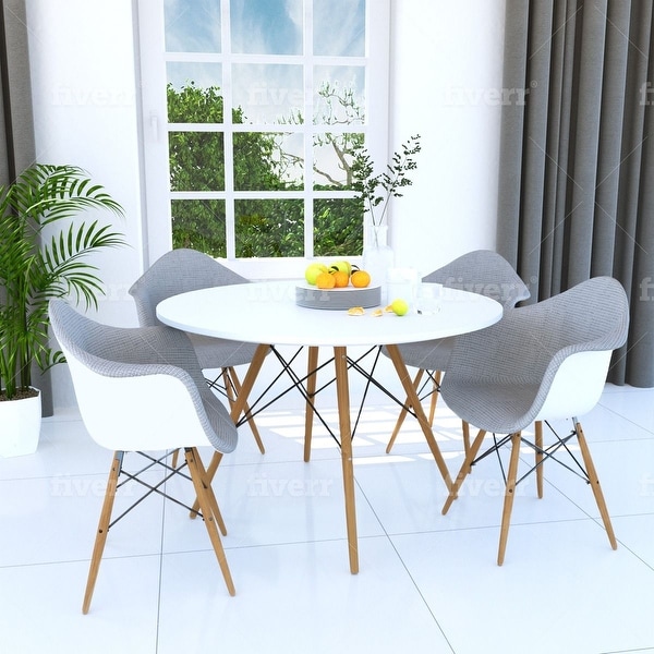 LeisureMod Dover Round White Wood Dining Table With Dowel Eiffel