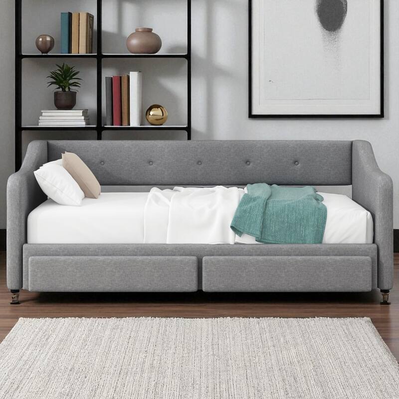 Twin XL Upholstered Daybed with Trundle, Converts to King, 2 Storage Drawers, No Box Spring Needed