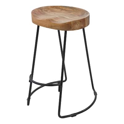 Ela 24 Inch Counter Height Stool, Mango Wood Saddle Seat, Iron Frame, Brown and Black