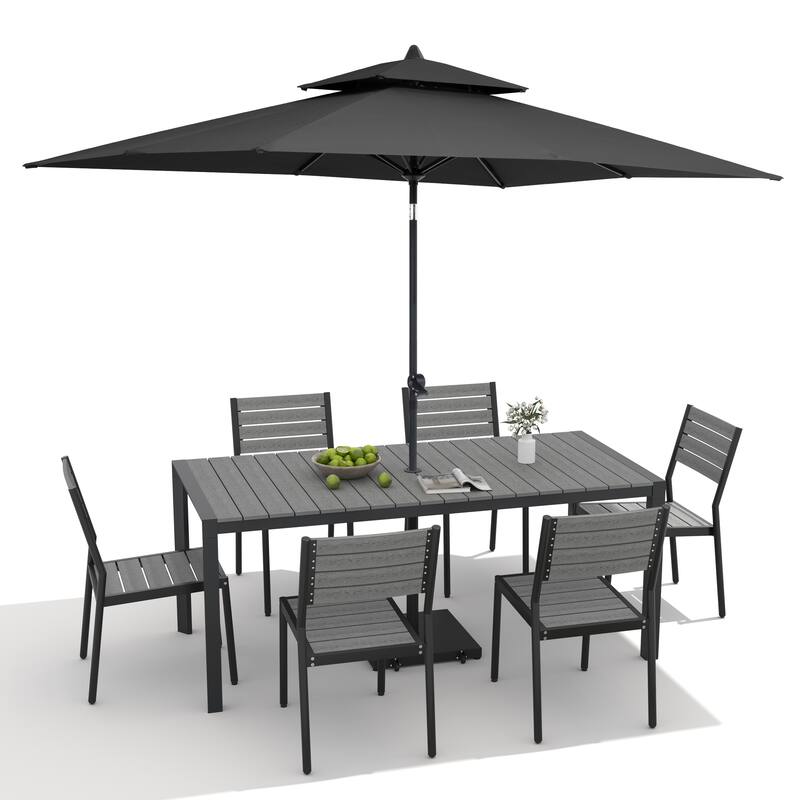 9/11-Piece Outdoor Dining Set Aluminum Table and Stackable Chairs w/10 ft Umbrella and Base