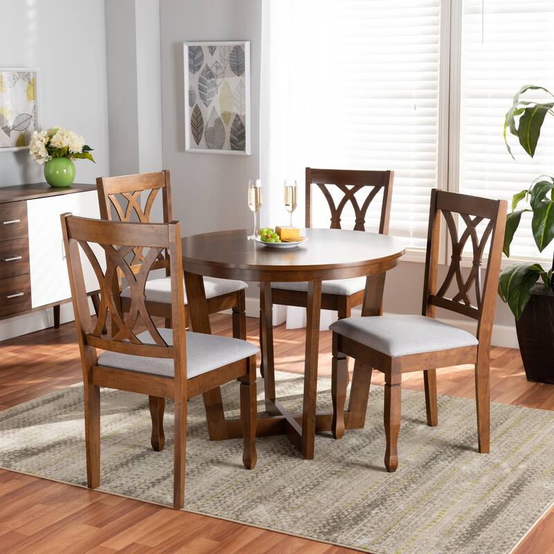 Modern 5-Piece Dining Set - Grey Fabric Chairs & Walnut Table