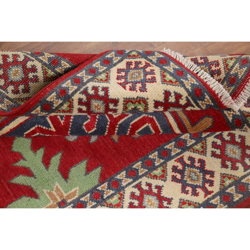 Geometric Red Kazak Oriental Runner Rug Hand-Knotted Wool Carpet - 3'4" x 6'7"