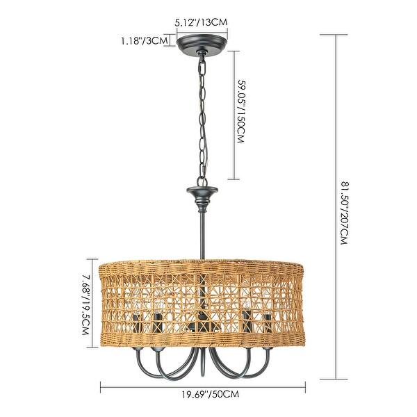 5-Light Farmhouse Boho Rustic Woven Rattan Pendant Light Round Drum Hand Woven Bamboo Rattan Chandelier - 19.6 in. W