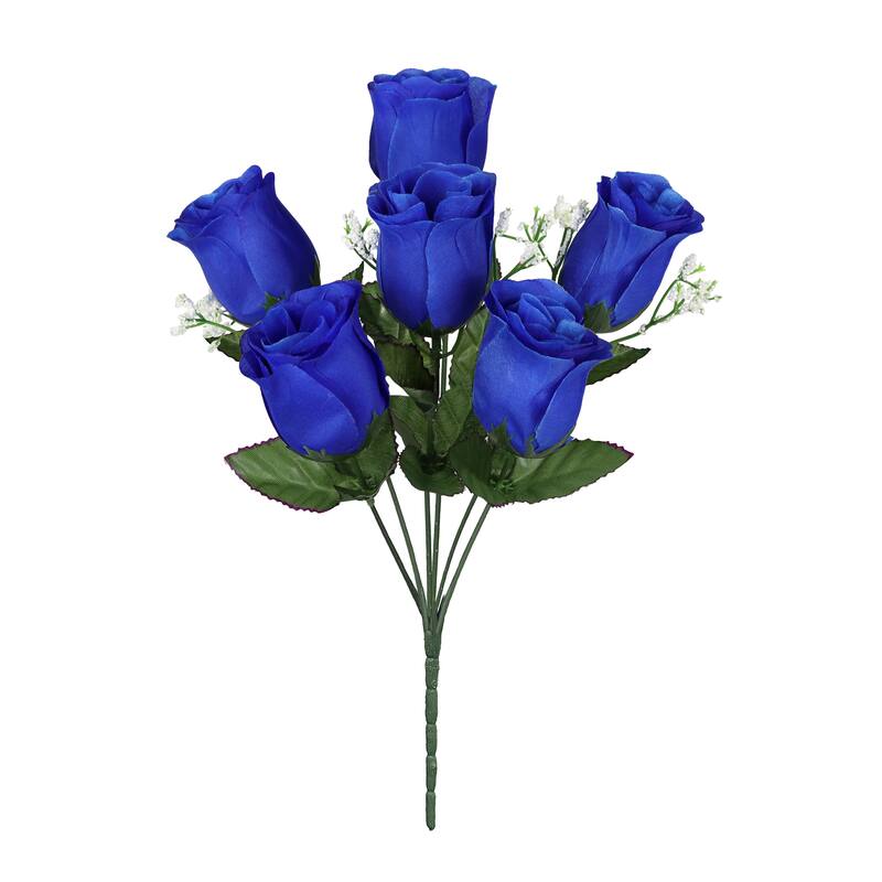 Set of 12 Royal Blue Artificial Rose Bud Flower Stem Bush Bouquet 14in - 14" L x 6" W x 6" DP