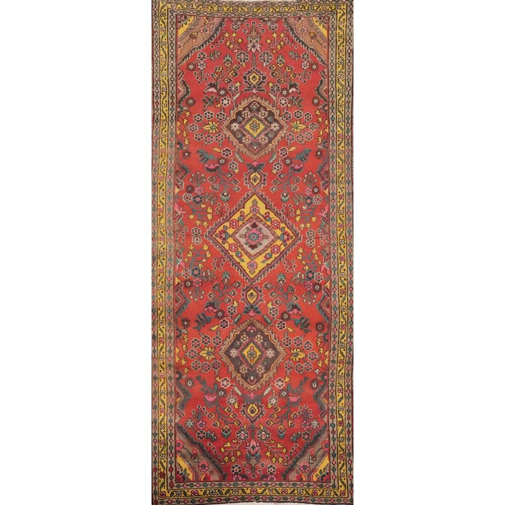 Hand Knotted Oriental 100% Wool Carpet Traditional Floral Oranges & Rust Hamedan Runner Rug - 9' 10'' X 3' 4''