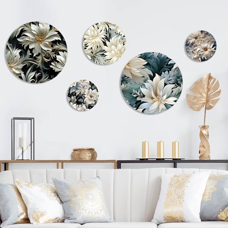 Designart "Exotic Grey And Black Flowers Pattern" Floral Wall Art Set of 5 - Cottage White Metal Art Print Set
